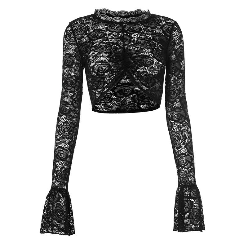 Gothic Romance Black Lace Bell Sleeve Crop Top | Mock Neck Fall Party & Halloween Essential