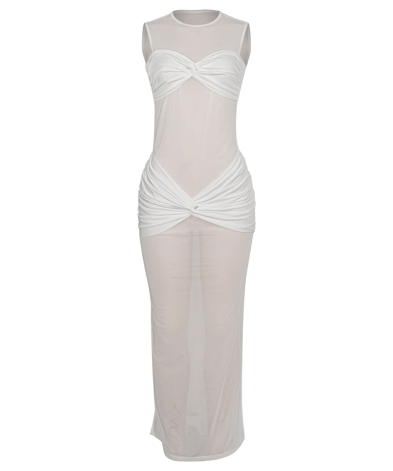 Glamorous White Sheer Mesh Ruched Maxi Dress - Holiday Party & Resort Ready