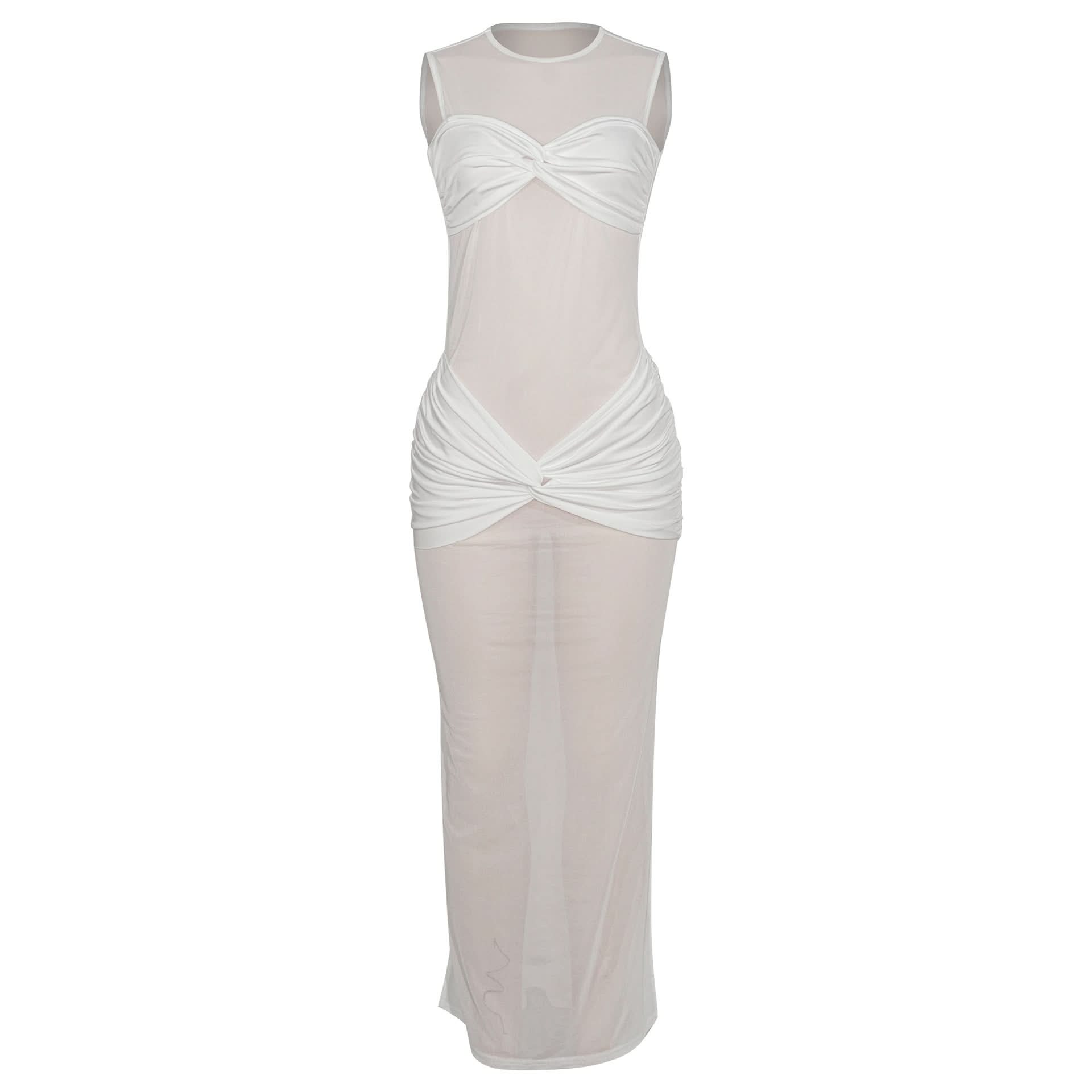 Glamorous White Sheer Mesh Ruched Maxi Dress - Holiday Party & Resort Ready
