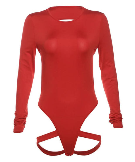 Red Long Sleeve Backless Bodysuit with Strappy Hip Cutouts | Fall Party & Halloween Essential
