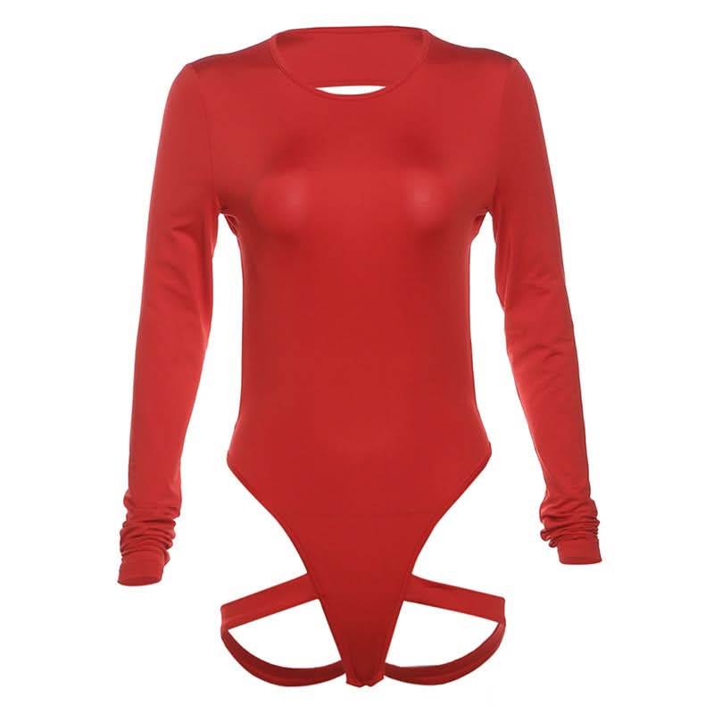Red Long Sleeve Backless Bodysuit with Strappy Hip Cutouts | Fall Party & Halloween Essential