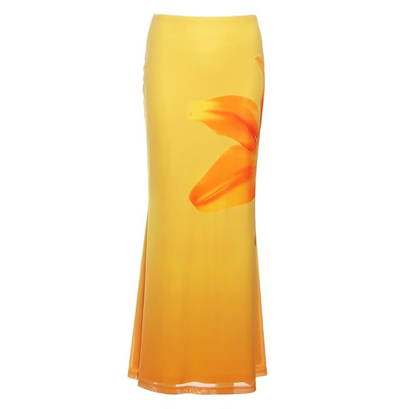 Marigold Sunset Gradient Maxi Skirt | Vibrant Floral Print for Fall & Resort Style