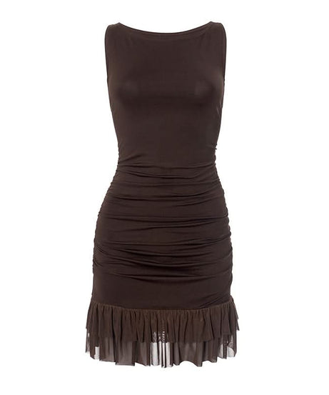 Chic Chocolate Brown Ruched Bodycon Mini Dress with Sheer Ruffle Hem – Fall Evening Ready
