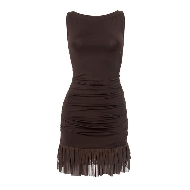 Chic Chocolate Brown Ruched Bodycon Mini Dress with Sheer Ruffle Hem – Fall Evening Ready
