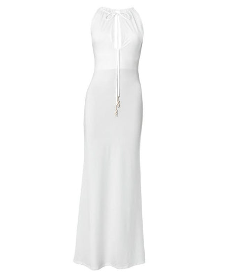 Elegant White Halter Maxi Dress with Beaded Tie – Chic for Holiday Parties & Resort Escapes