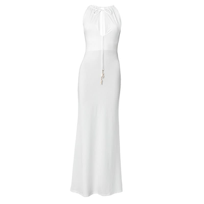 Elegant White Halter Maxi Dress with Beaded Tie – Chic for Holiday Parties & Resort Escapes