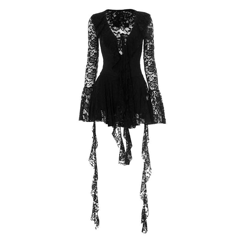 Dark Romance Black Lace Mini Dress | Flared Bell Sleeves & Tie-Front | Halloween & Holiday Party Ready