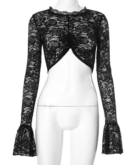 Gothic Romance Black Lace Bell Sleeve Crop Top | Mock Neck Fall Party & Halloween Essential