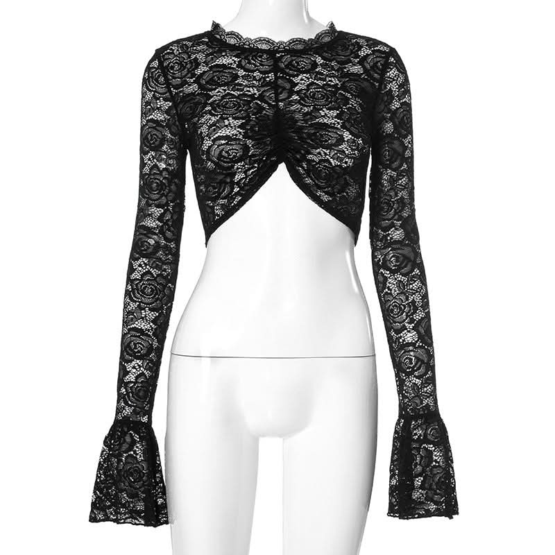 Gothic Romance Black Lace Bell Sleeve Crop Top | Mock Neck Fall Party & Halloween Essential