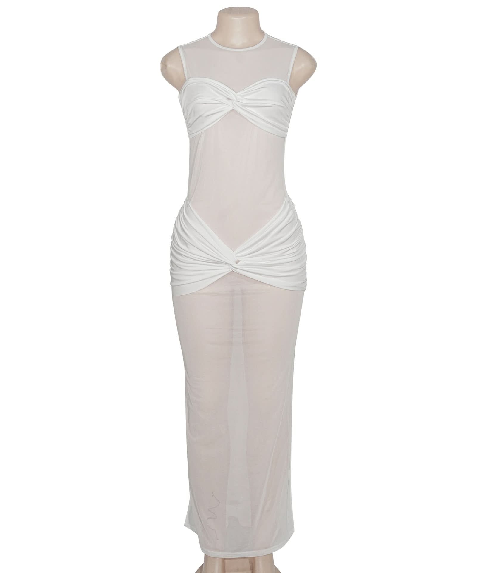 Glamorous White Sheer Mesh Ruched Maxi Dress - Holiday Party & Resort Ready