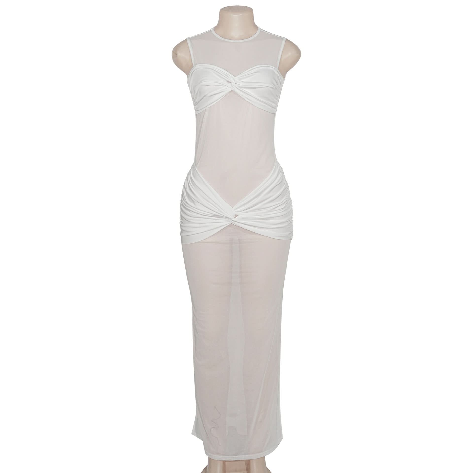 Glamorous White Sheer Mesh Ruched Maxi Dress - Holiday Party & Resort Ready