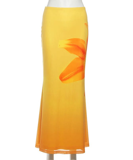 Marigold Sunset Gradient Maxi Skirt | Vibrant Floral Print for Fall & Resort Style