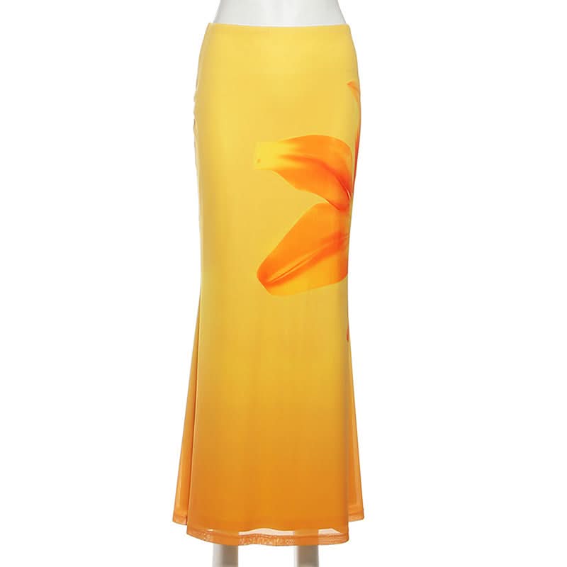 Marigold Sunset Gradient Maxi Skirt | Vibrant Floral Print for Fall & Resort Style