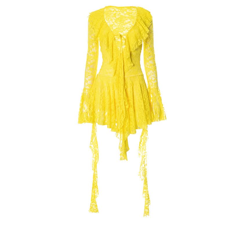 Dark Romance Black Lace Mini Dress | Flared Bell Sleeves & Tie-Front | Halloween & Holiday Party Ready