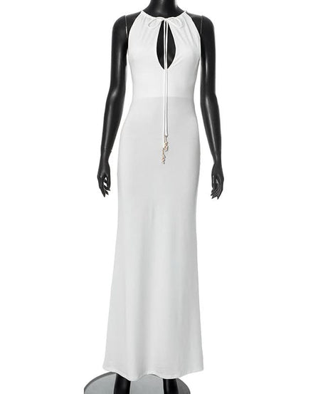 Elegant White Halter Maxi Dress with Beaded Tie – Chic for Holiday Parties & Resort Escapes
