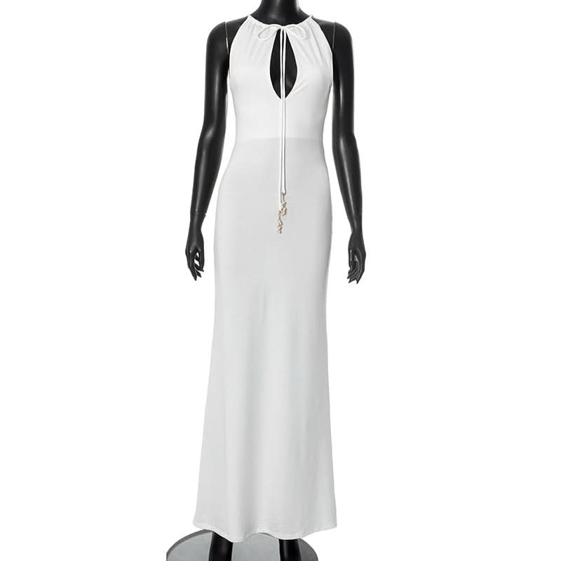 Elegant White Halter Maxi Dress with Beaded Tie – Chic for Holiday Parties & Resort Escapes