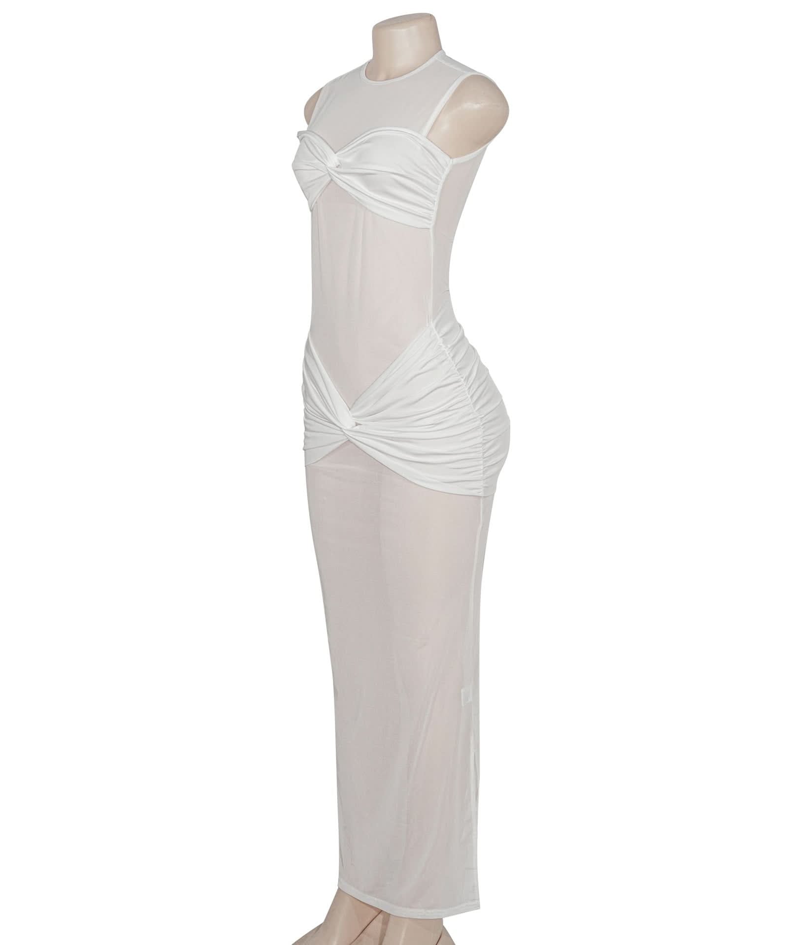 Glamorous White Sheer Mesh Ruched Maxi Dress - Holiday Party & Resort Ready