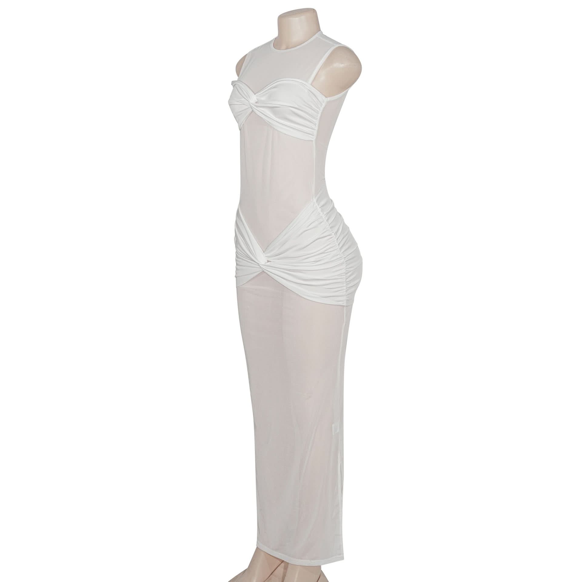 Glamorous White Sheer Mesh Ruched Maxi Dress - Holiday Party & Resort Ready