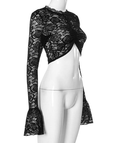 Gothic Romance Black Lace Bell Sleeve Crop Top | Mock Neck Fall Party & Halloween Essential