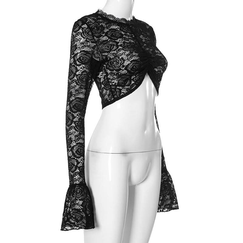 Gothic Romance Black Lace Bell Sleeve Crop Top | Mock Neck Fall Party & Halloween Essential