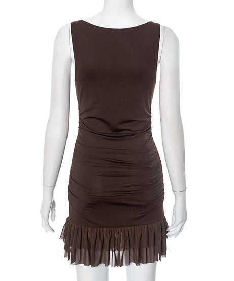 Chic Chocolate Brown Ruched Bodycon Mini Dress with Sheer Ruffle Hem – Fall Evening Ready
