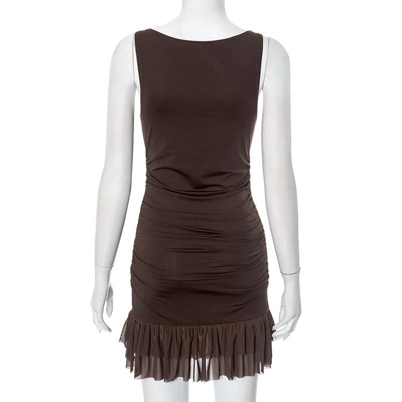 Chic Chocolate Brown Ruched Bodycon Mini Dress with Sheer Ruffle Hem – Fall Evening Ready