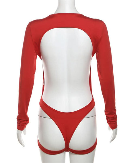 Red Long Sleeve Backless Bodysuit with Strappy Hip Cutouts | Fall Party & Halloween Essential