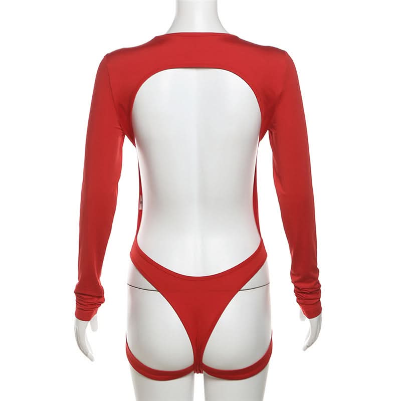 Red Long Sleeve Backless Bodysuit with Strappy Hip Cutouts | Fall Party & Halloween Essential