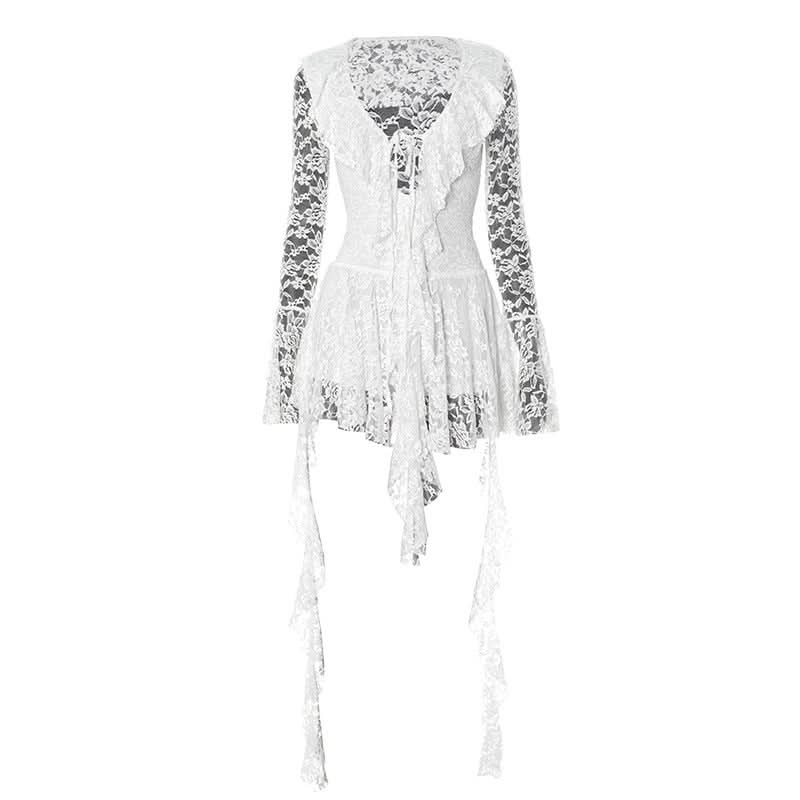 Dark Romance Black Lace Mini Dress | Flared Bell Sleeves & Tie-Front | Halloween & Holiday Party Ready