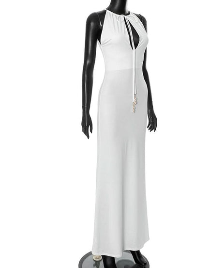 Elegant White Halter Maxi Dress with Beaded Tie – Chic for Holiday Parties & Resort Escapes