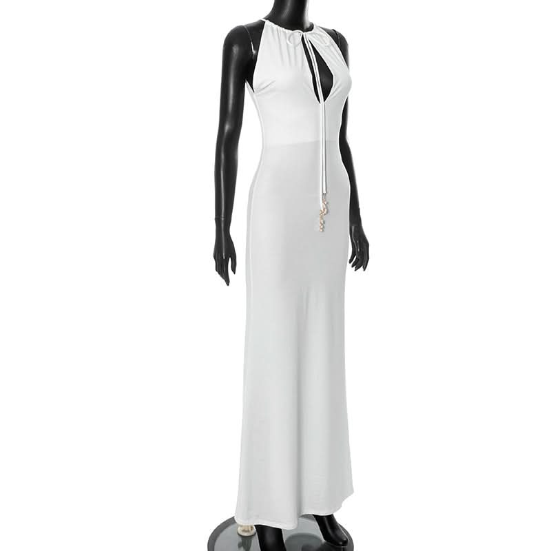 Elegant White Halter Maxi Dress with Beaded Tie – Chic for Holiday Parties & Resort Escapes