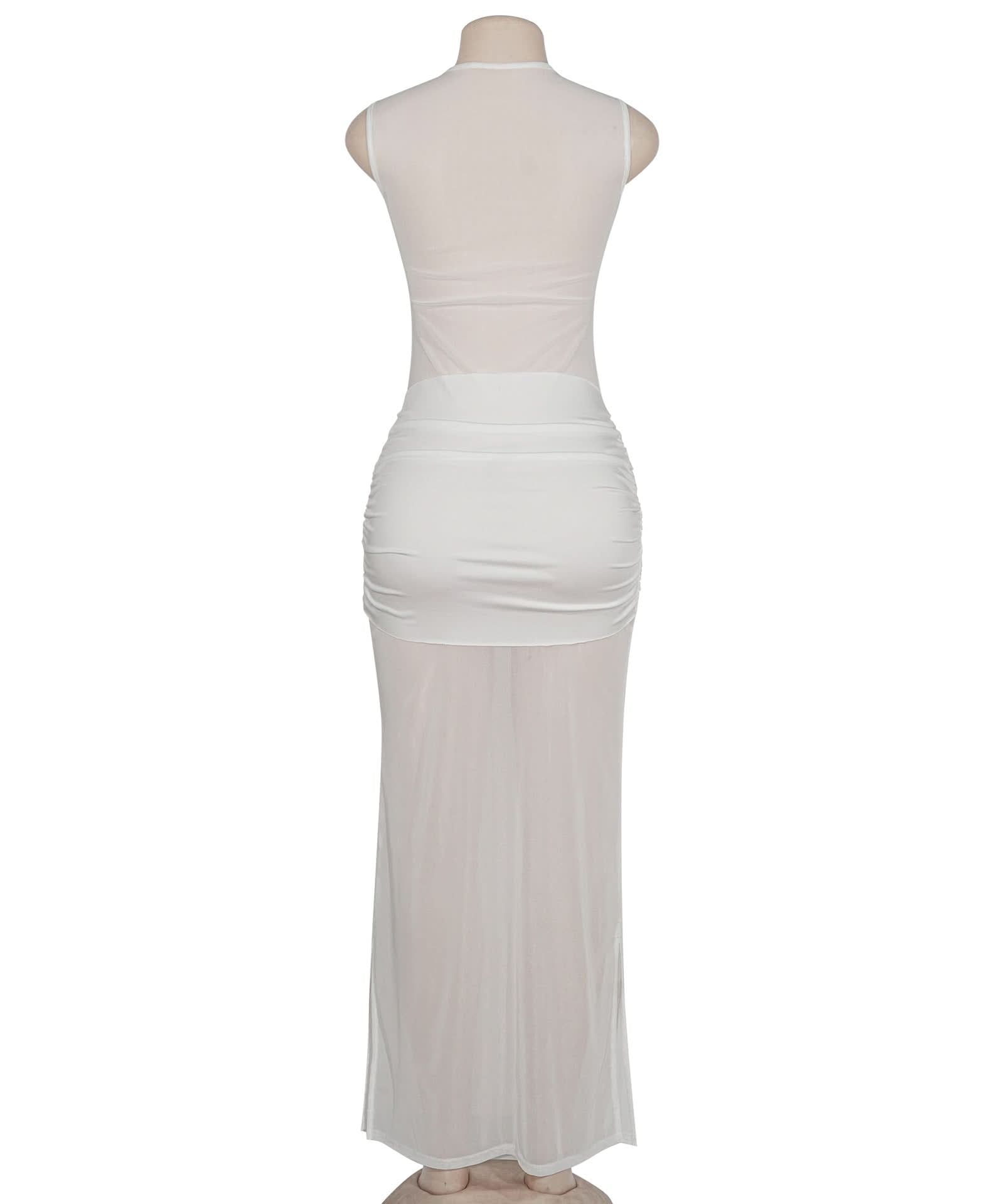 Glamorous White Sheer Mesh Ruched Maxi Dress - Holiday Party & Resort Ready