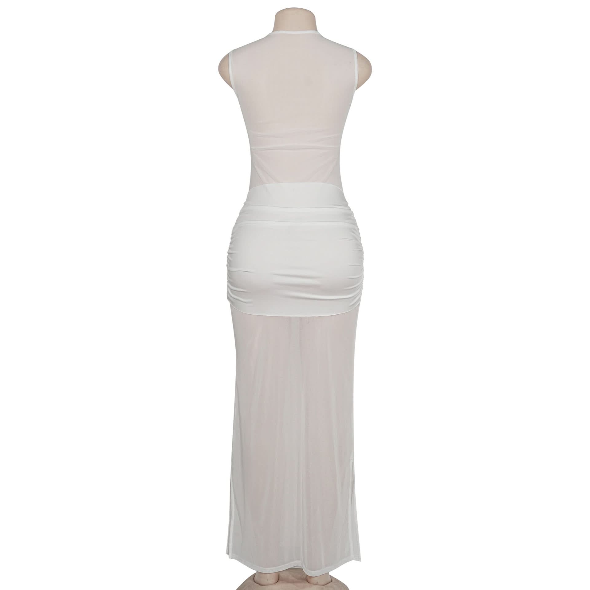Glamorous White Sheer Mesh Ruched Maxi Dress - Holiday Party & Resort Ready