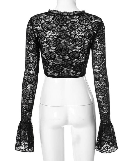 Gothic Romance Black Lace Bell Sleeve Crop Top | Mock Neck Fall Party & Halloween Essential