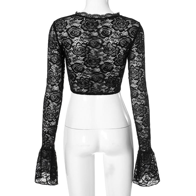 Gothic Romance Black Lace Bell Sleeve Crop Top | Mock Neck Fall Party & Halloween Essential