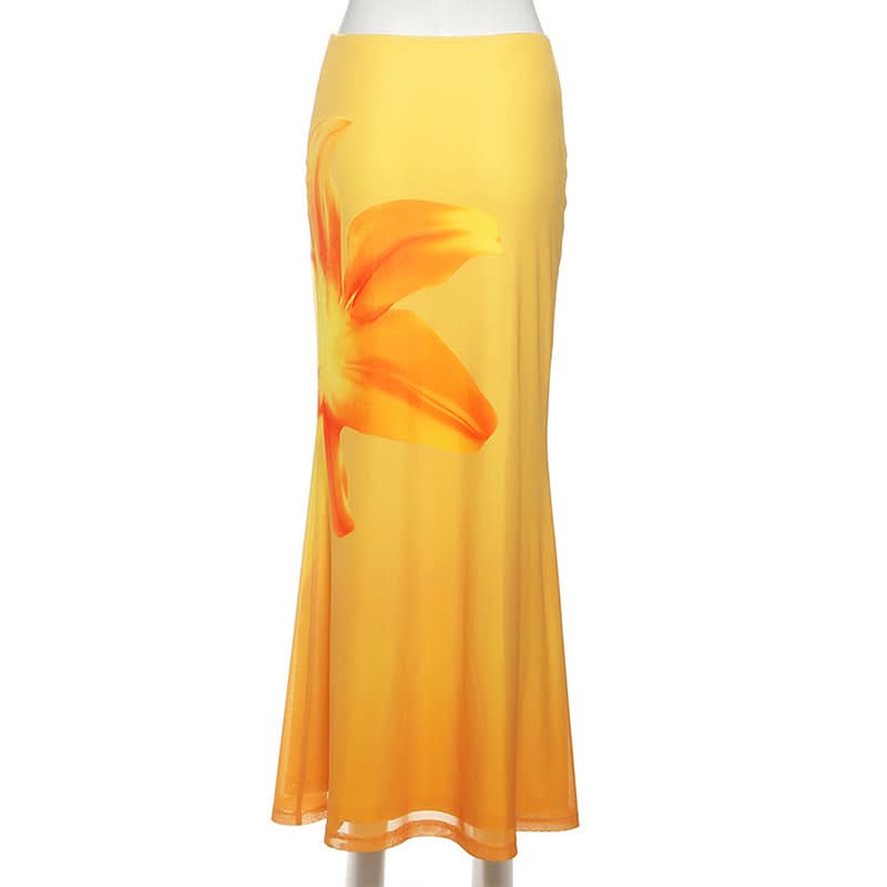Marigold Sunset Gradient Maxi Skirt | Vibrant Floral Print for Fall & Resort Style