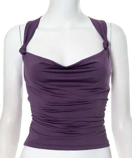 Effortless Fall Chic: Plum Cowl Neck Ruched Backless Top with Knotted Straps