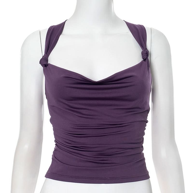 Effortless Fall Chic: Plum Cowl Neck Ruched Backless Top with Knotted Straps