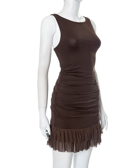 Chic Chocolate Brown Ruched Bodycon Mini Dress with Sheer Ruffle Hem – Fall Evening Ready