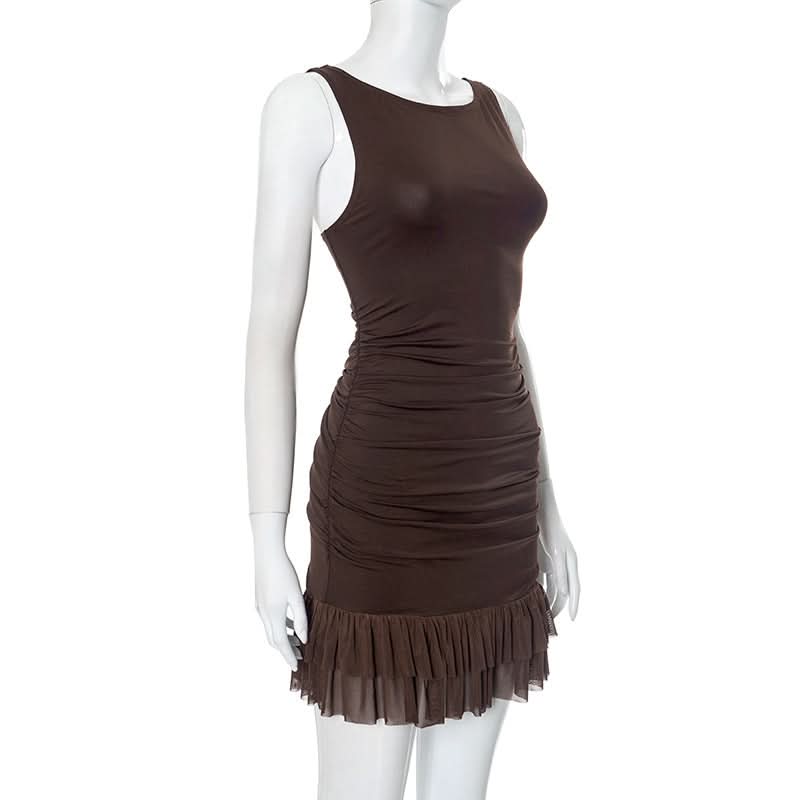 Chic Chocolate Brown Ruched Bodycon Mini Dress with Sheer Ruffle Hem – Fall Evening Ready