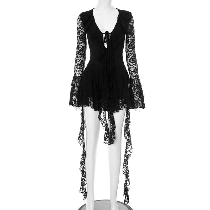 Dark Romance Black Lace Mini Dress | Flared Bell Sleeves & Tie-Front | Halloween & Holiday Party Ready