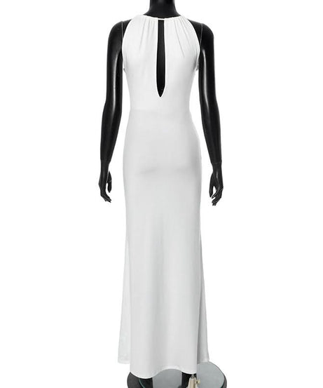 Elegant White Halter Maxi Dress with Beaded Tie – Chic for Holiday Parties & Resort Escapes