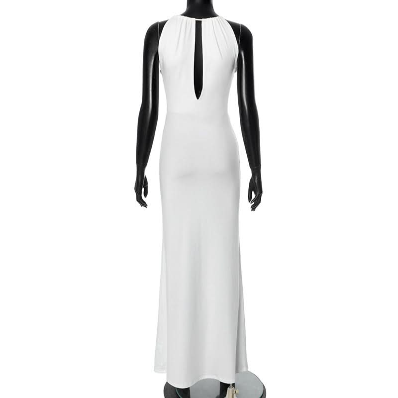 Elegant White Halter Maxi Dress with Beaded Tie – Chic for Holiday Parties & Resort Escapes