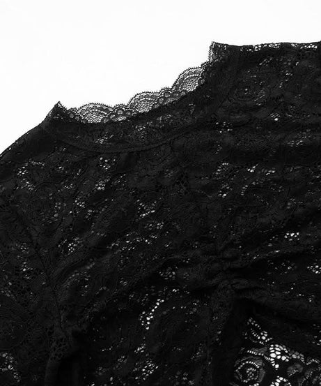 Gothic Romance Black Lace Bell Sleeve Crop Top | Mock Neck Fall Party & Halloween Essential