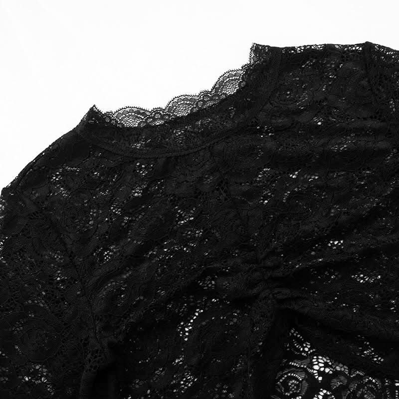 Gothic Romance Black Lace Bell Sleeve Crop Top | Mock Neck Fall Party & Halloween Essential