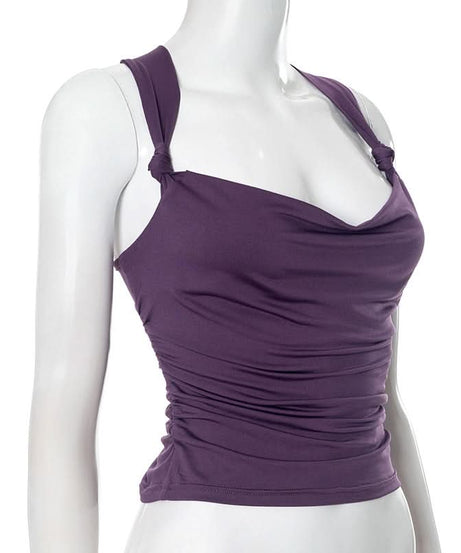 Effortless Fall Chic: Plum Cowl Neck Ruched Backless Top with Knotted Straps