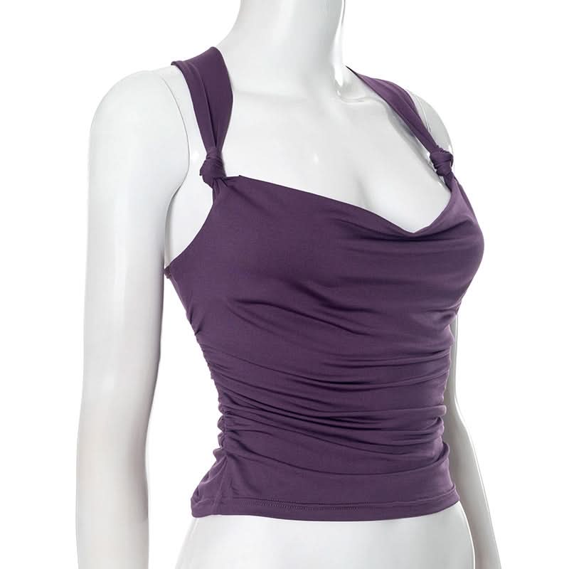 Effortless Fall Chic: Plum Cowl Neck Ruched Backless Top with Knotted Straps