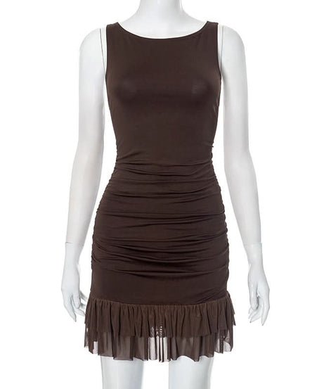 Chic Chocolate Brown Ruched Bodycon Mini Dress with Sheer Ruffle Hem – Fall Evening Ready