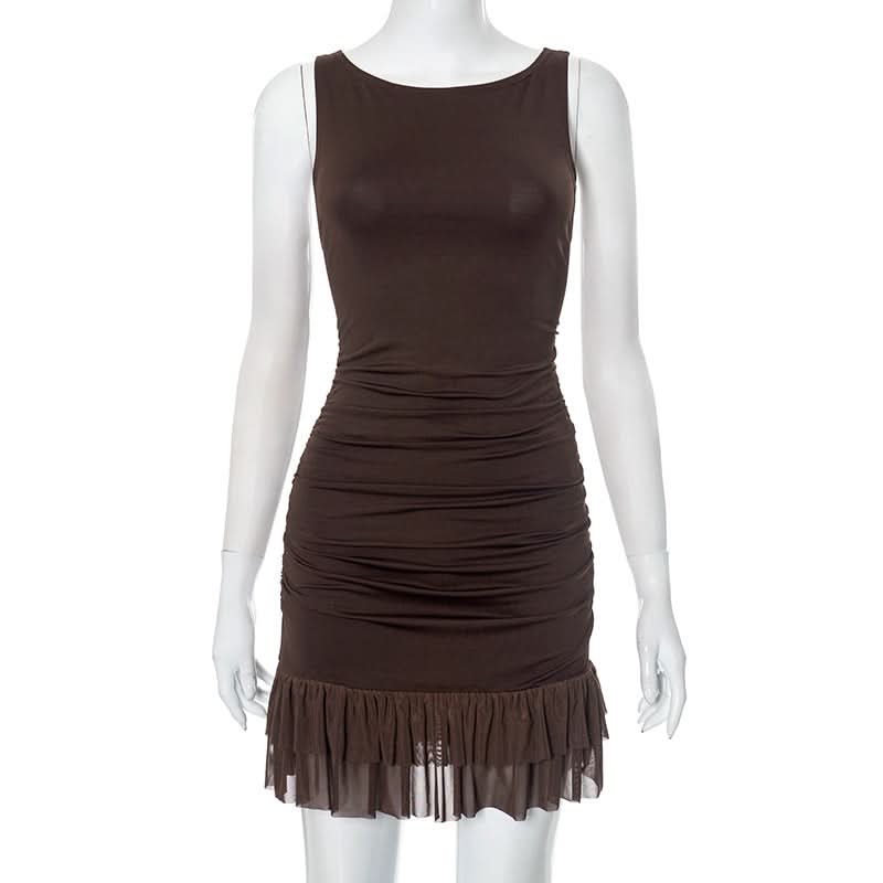 Chic Chocolate Brown Ruched Bodycon Mini Dress with Sheer Ruffle Hem – Fall Evening Ready