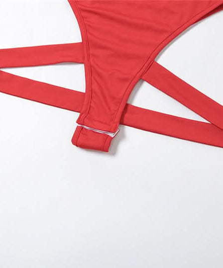 Red Long Sleeve Backless Bodysuit with Strappy Hip Cutouts | Fall Party & Halloween Essential